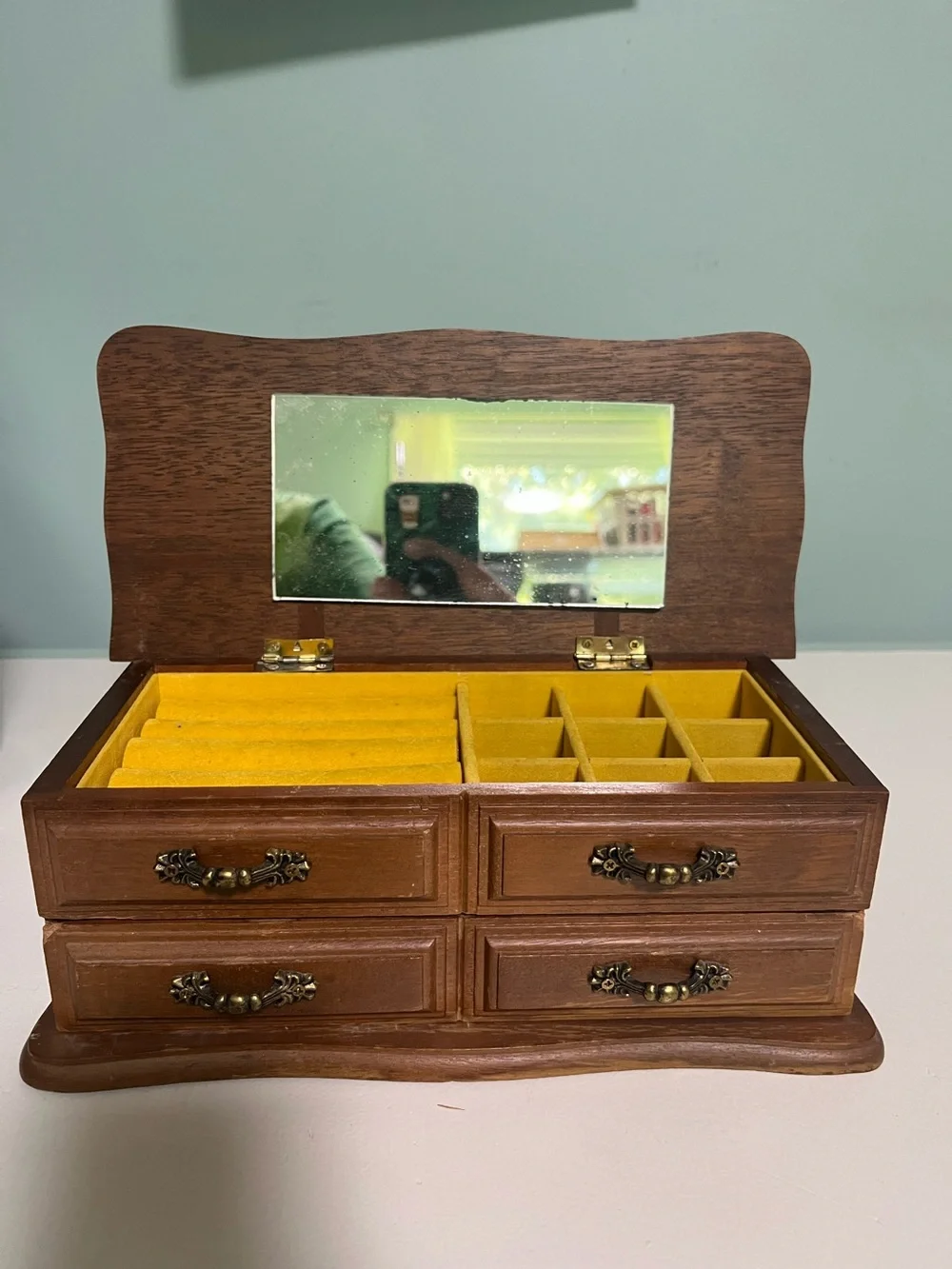 Vintage Centurion® Walnut Wood Jewelry Box, Lid W/Mirror, Padded Sections